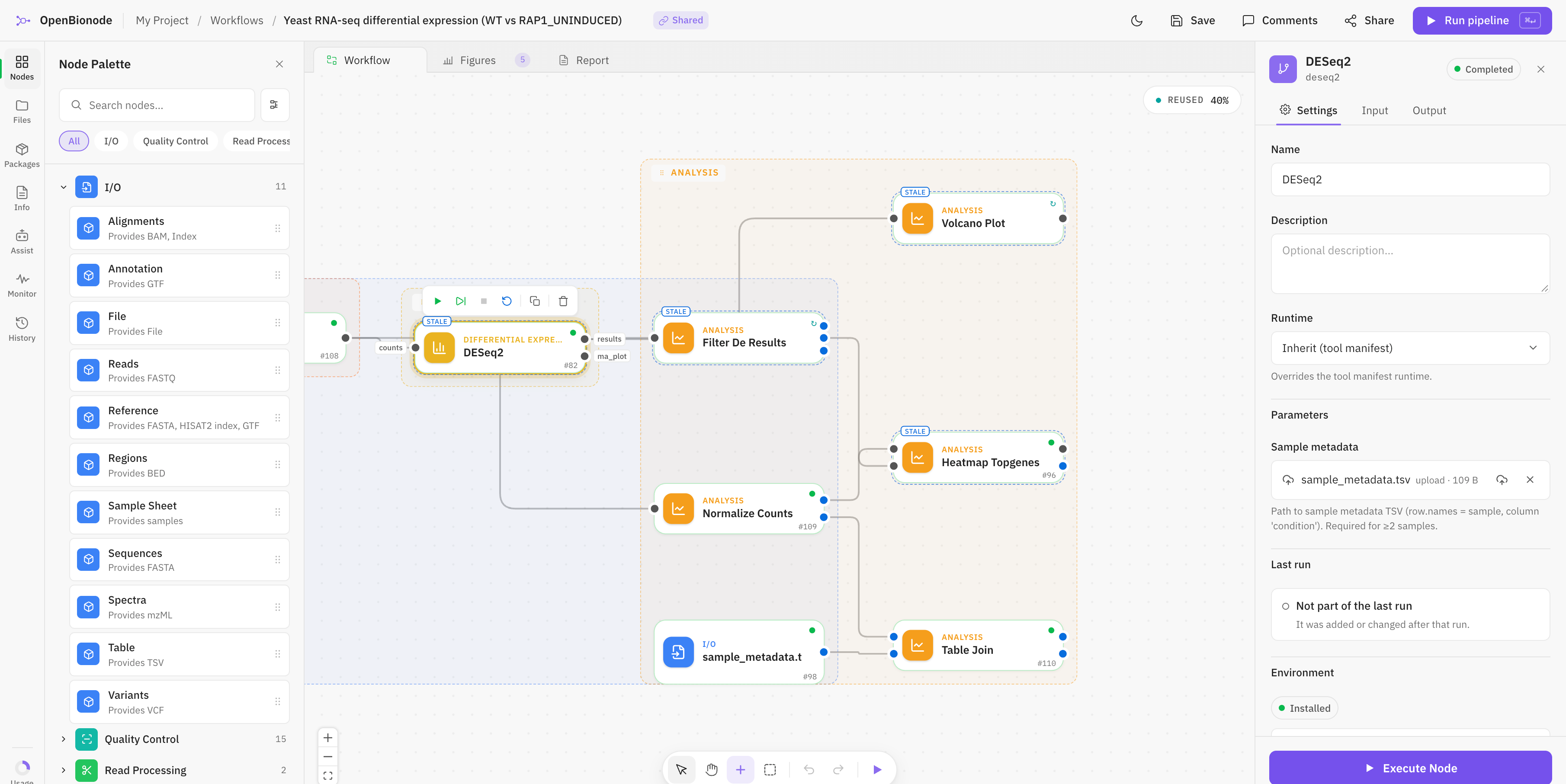The OpenBionode window: the step library on the left, a yeast RNA-seq pipeline on the canvas, and the DESeq2 step's settings open on the right.